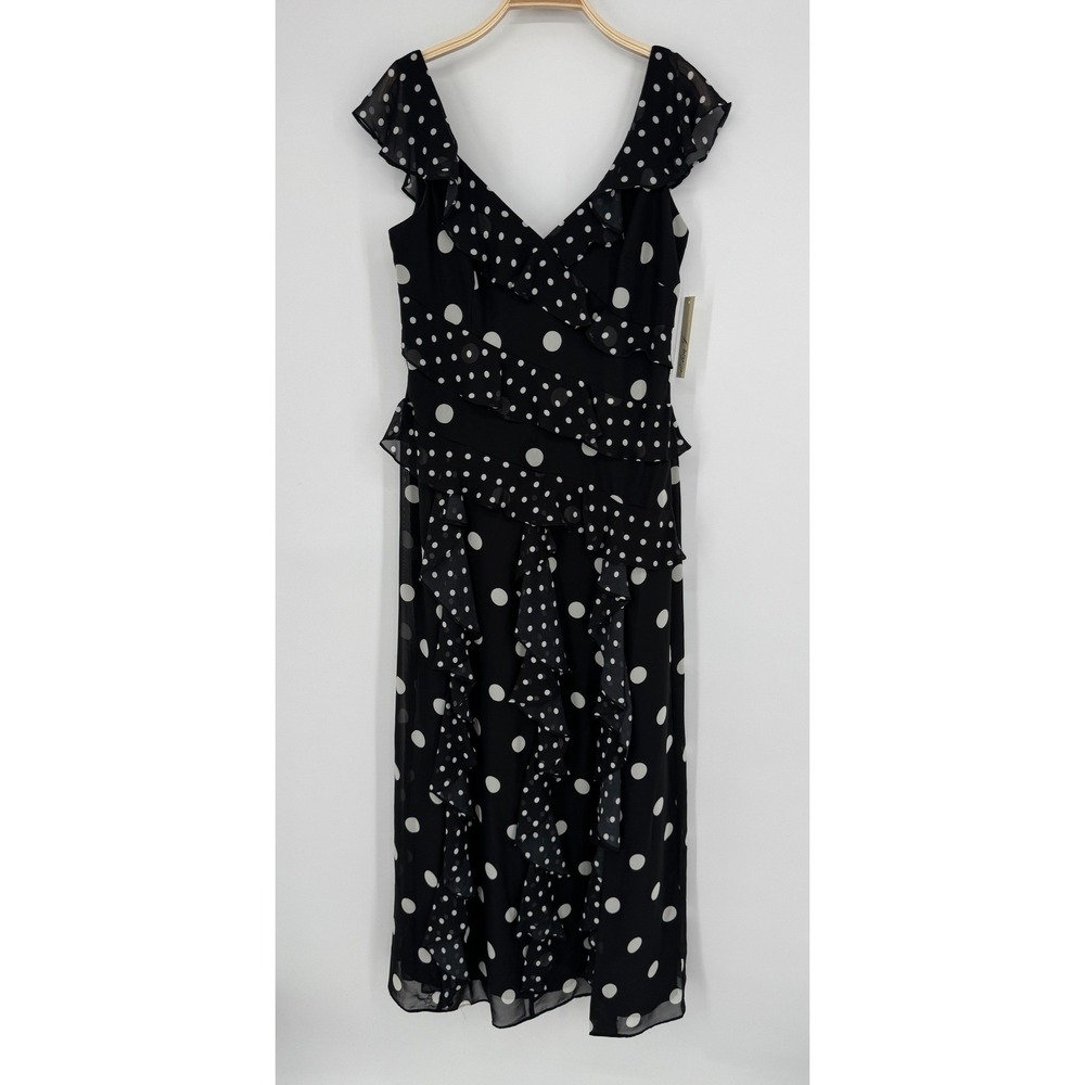 Eliza J Mixed Polka Dot Maxi Dress 12 Black White Ruffle Tiered Chiffon Formal - Picture 2 of 10